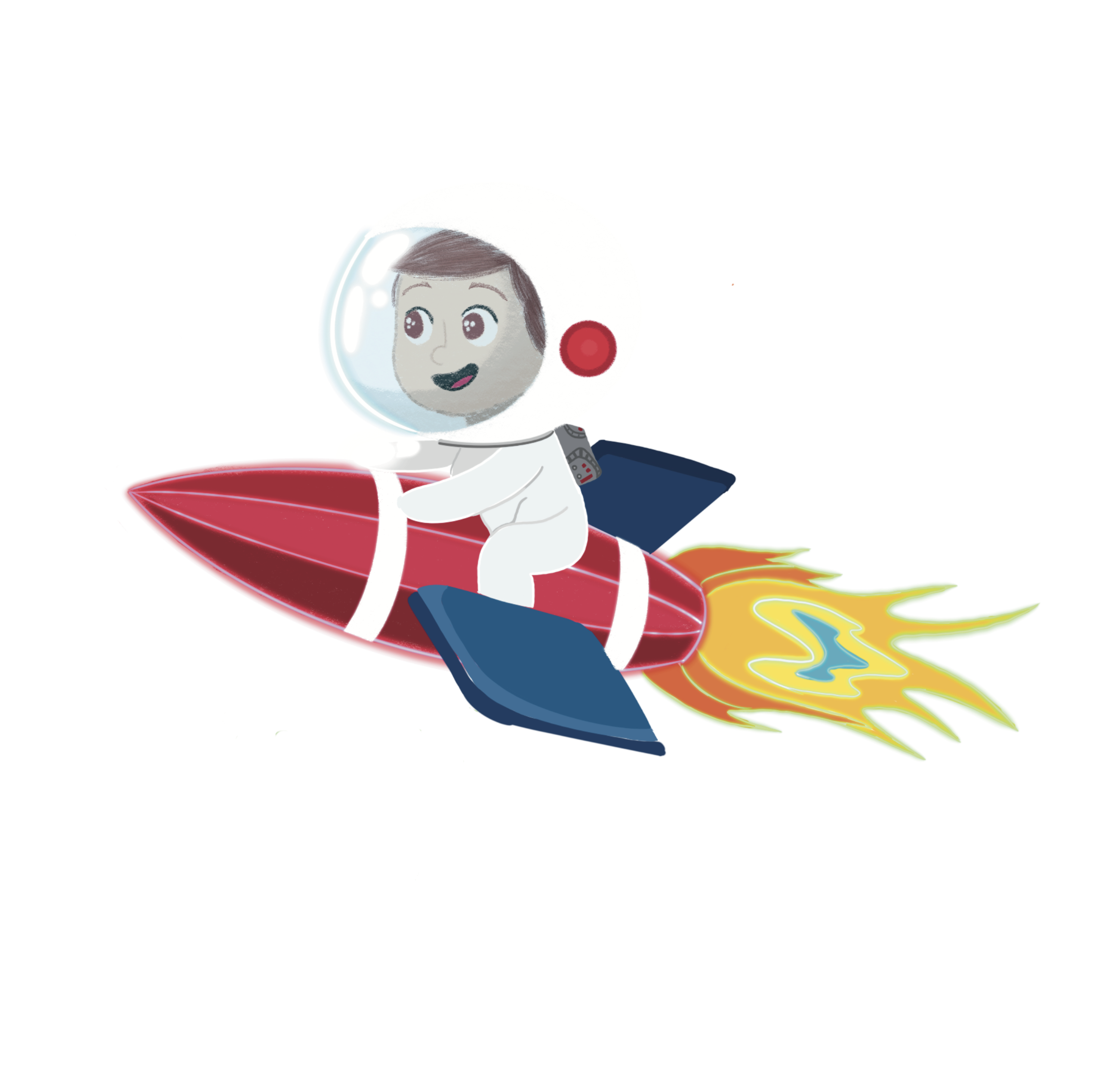 Desenho lúdico de Vicente sorridente viajando em seu foguete espacial azul e amarelo